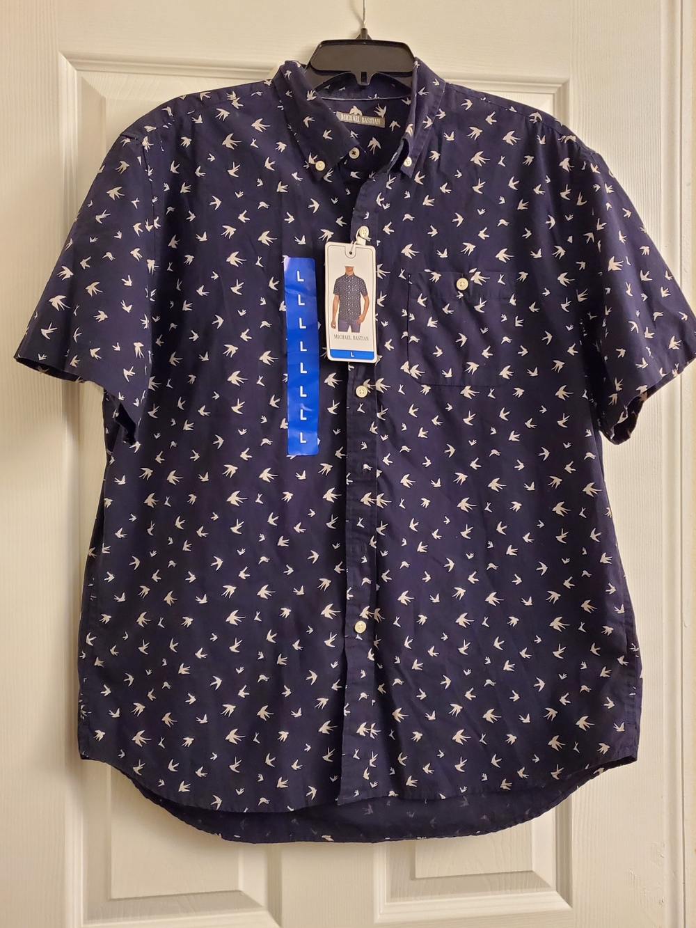 Michael Bastian Navy Short-Sleeve Button-Down with White Bird Print L